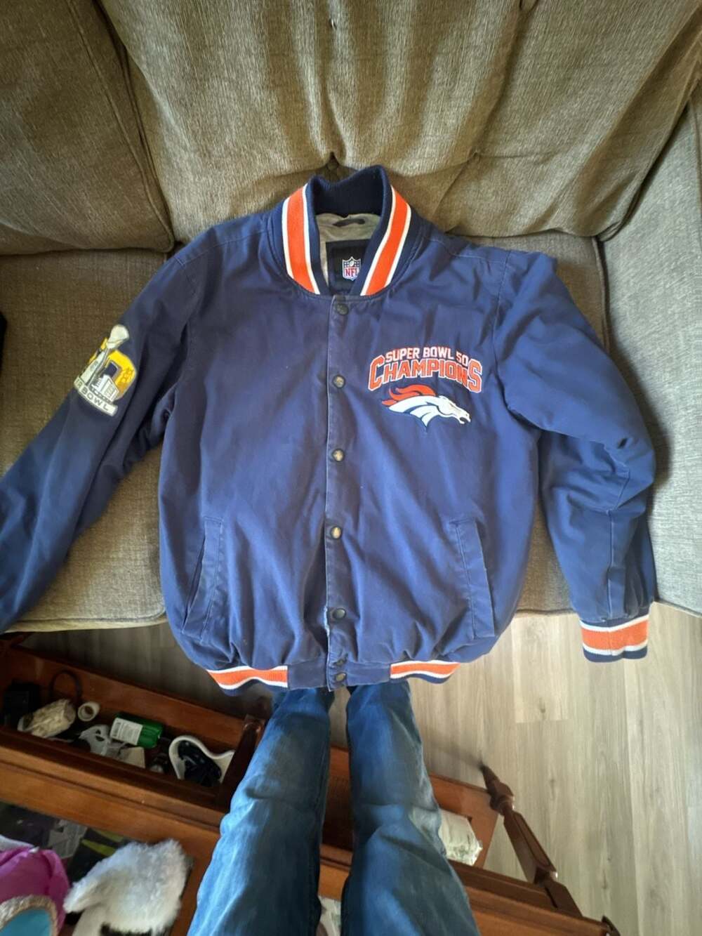 NFL Denver Broncos Super Bowl 50 Champions Varsity Bomber Jacket Men's Size M